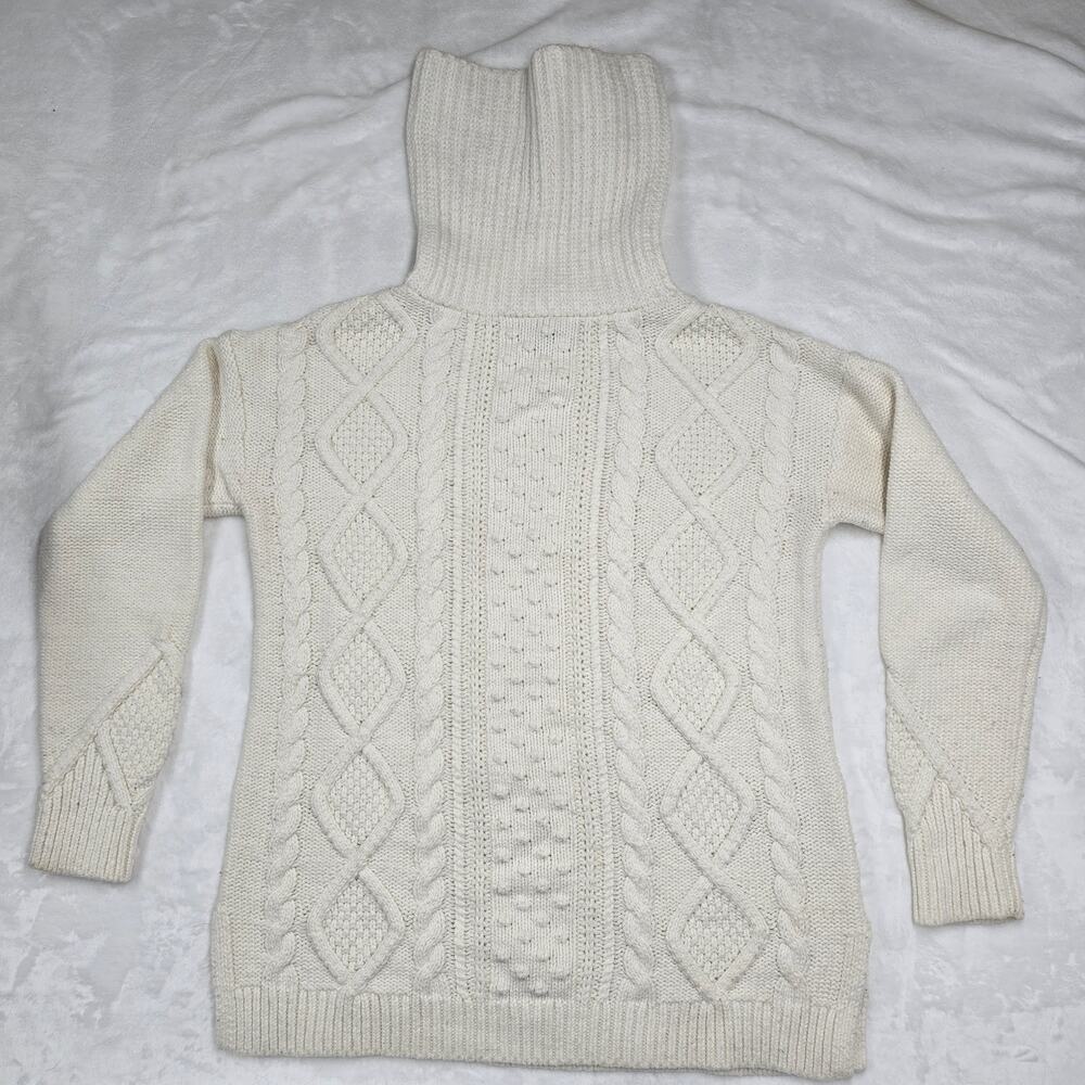 Lands End Fisherman Sweater Small Cream Cable Knit Turtleneck Chunky Cozy